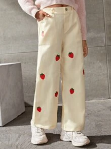 SHEIN Cô gái Tween Lỏng lẻo phù hợp quần ống rộng Dâu tây In Quần - Màu be - Xem 3