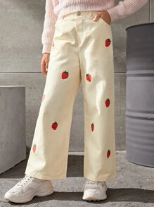 SHEIN Cô gái Tween Lỏng lẻo phù hợp quần ống rộng Dâu tây In Quần - Màu be - Xem 6