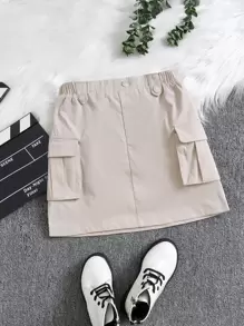 SHEIN 少女簡約實色a字裙,設有口袋 - 米色 - 查看 1