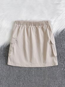 SHEIN 少女簡約實色a字裙,設有口袋 - 米色 - 查看 2