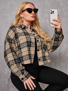 SHEIN EZwear 大碼格紋落肩袖短款襯衫和吊帶連體褲 - 彩色 - 查看 4