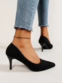 Minimalist Point Toe Stiletto Heeled Faux Suede Court Pumps - Black - View 1