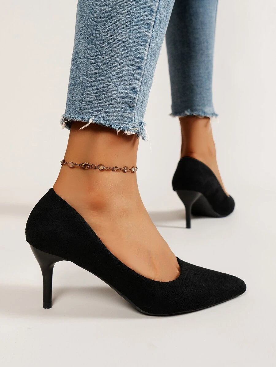 Minimalist Point Toe Stiletto Heeled Faux Suede Court Pumps - Black - View 1