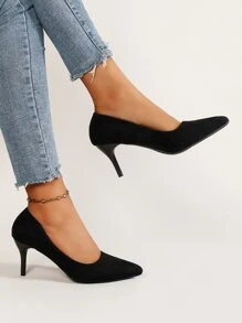 Minimalist Point Toe Stiletto Heeled Faux Suede Court Pumps - Black - View 3