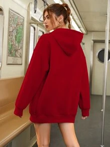 SHEIN EZwear Drop Shoulder Drawstring Hoodie - Red - View 1