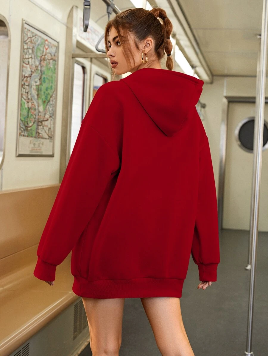SHEIN EZwear Drop Shoulder Drawstring Hoodie - Red - View 1