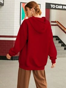 SHEIN EZwear Drop Shoulder Drawstring Hoodie - Red - View 2