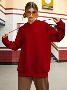 SHEIN EZwear Drop Shoulder Drawstring Hoodie - Red - View 5