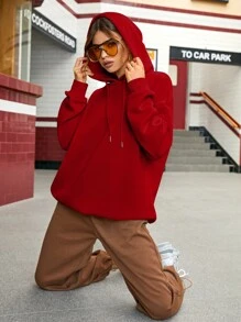 SHEIN EZwear Drop Shoulder Drawstring Hoodie - Red - View 6