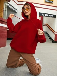 SHEIN EZwear Drop Shoulder Drawstring Hoodie - Red - View 7