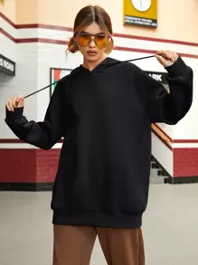 SHEIN EZwear Wings Print Drop Shoulder Drawstring Oversized Hoodie - Black - View 6