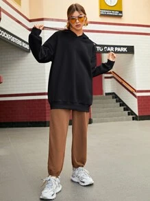 SHEIN EZwear Wings Print Drop Shoulder Drawstring Oversized Hoodie - Black - View 8