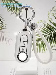 水鑽裝飾車鑰匙殼兼容Fiat 500/Panda Stilo,鑰匙表袋用鏈條或絲帶連接到馬甲懷錶套 - 白色 - 查看 3