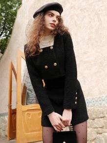 Elegant Square Collar Double-Breasted Short Overcoat, Autumn - Black - View 2