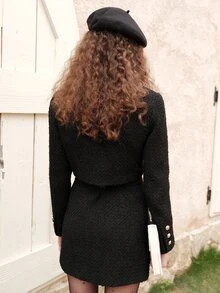 Elegant Square Collar Double-Breasted Short Overcoat, Autumn - Black - View 3