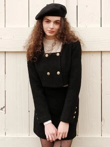 Elegant Square Collar Double-Breasted Short Overcoat, Autumn - Black - View 4