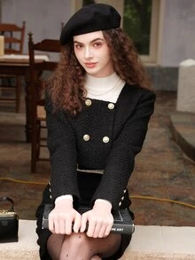 Elegant Square Collar Double-Breasted Short Overcoat, Autumn - Black - View 5