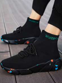 TOLLN Giày thể thao nam nhẹ đan màu trơn trung bình có in chữ Wazixie, mùa xuân và mùa thu - màu đen - Xem 3