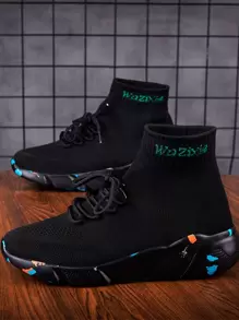 TOLLN Giày thể thao nam nhẹ đan màu trơn trung bình có in chữ Wazixie, mùa xuân và mùa thu - màu đen - Xem 4