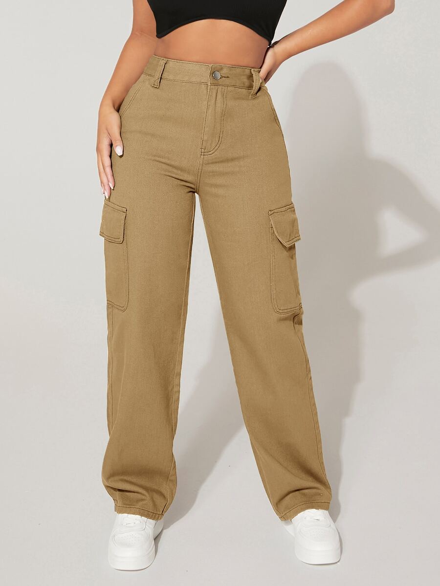 SHEIN PETITE High Waist Flap Pocket Cargo Jeans - Khaki - View 1