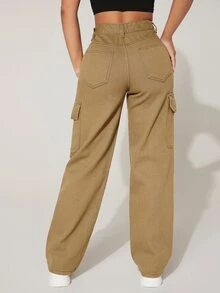 SHEIN PETITE High Waist Flap Pocket Cargo Jeans - Khaki - View 2