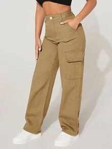 SHEIN PETITE High Waist Flap Pocket Cargo Jeans - Khaki - View 3
