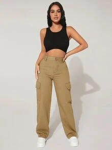 SHEIN PETITE High Waist Flap Pocket Cargo Jeans - Khaki - View 4