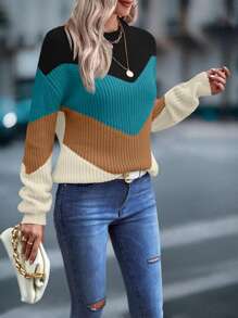 Chiquease Color Block Chevron Pattern Drop Shoulder Sweater,Long Sleeve Tops - Cadet Blue - View 5