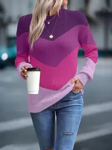 EMERY ROSE Color Block Chevron Pattern Drop Shoulder Sweater,Ladies Spring/Fall Casual Long Sleeve Regular Fit Multicolor Drop Shoulder Pullovers Women Sweaters,Long Sleeve Tops - Multicolor - View 5