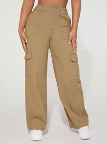 SHEIN PETITE 高腰翻蓋口袋工裝牛仔褲 - 駝色 - 查看 3