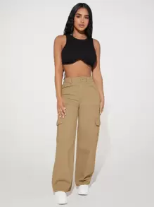 SHEIN PETITE 高腰翻蓋口袋工裝牛仔褲 - 駝色 - 查看 4