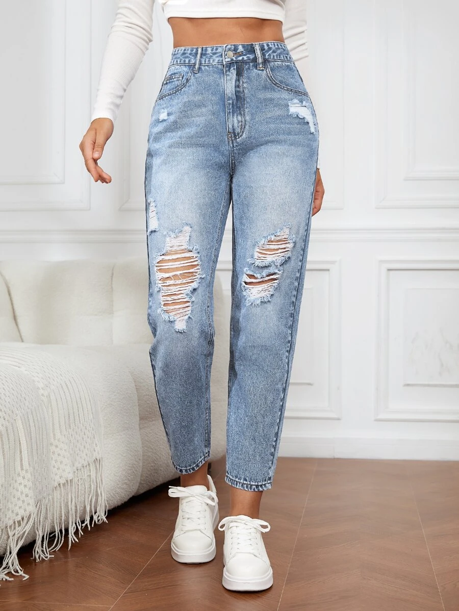 SHEIN Essnce Ripped Mom Fit Jeans - Light Wash - View 1