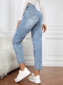 SHEIN Essnce Ripped Mom Fit Jeans - Light Wash - View 2