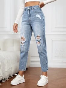 SHEIN Essnce Ripped Mom Fit Jeans - Light Wash - View 4