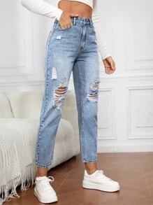 SHEIN Essnce Ripped Mom Fit Jeans - Light Wash - View 5