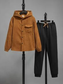 SHEIN Cậu bé Tween Túi có nắp Vải to sợi áo có mũ Áo sơ mi & Eo dây rút Quần thể thao Without Tee - Nhiều màu - Xem 4