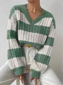 Chiquease Jersey de dos tonos tejido de cable de hombros caídos - verde menta - Ver 1