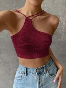 SHEIN Privé Asymmetric Neck Crop Top - Burgundy - View 1