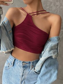 SHEIN Privé Asymmetric Neck Crop Top - Burgundy - View 3
