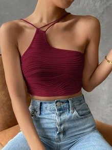SHEIN Privé Asymmetric Neck Crop Top - Burgundy - View 4