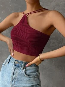 SHEIN Privé Asymmetric Neck Crop Top - Burgundy - View 6
