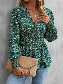 SHEIN LUNE 小碎花燈籠袖荷葉邊下擺襯衫 - 綠色 - 查看 7