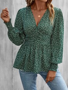 SHEIN LUNE 小碎花燈籠袖荷葉邊下擺襯衫 - 綠色 - 查看 6