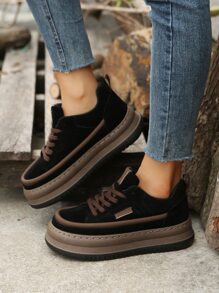 Letter Embossed Lace-up Front Faux Suede Skate Shoes - Black - View 1