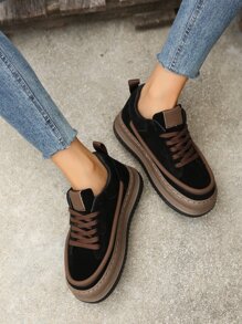 Letter Embossed Lace-up Front Faux Suede Skate Shoes - Black - View 2