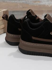 Letter Embossed Lace-up Front Faux Suede Skate Shoes - Black - View 4