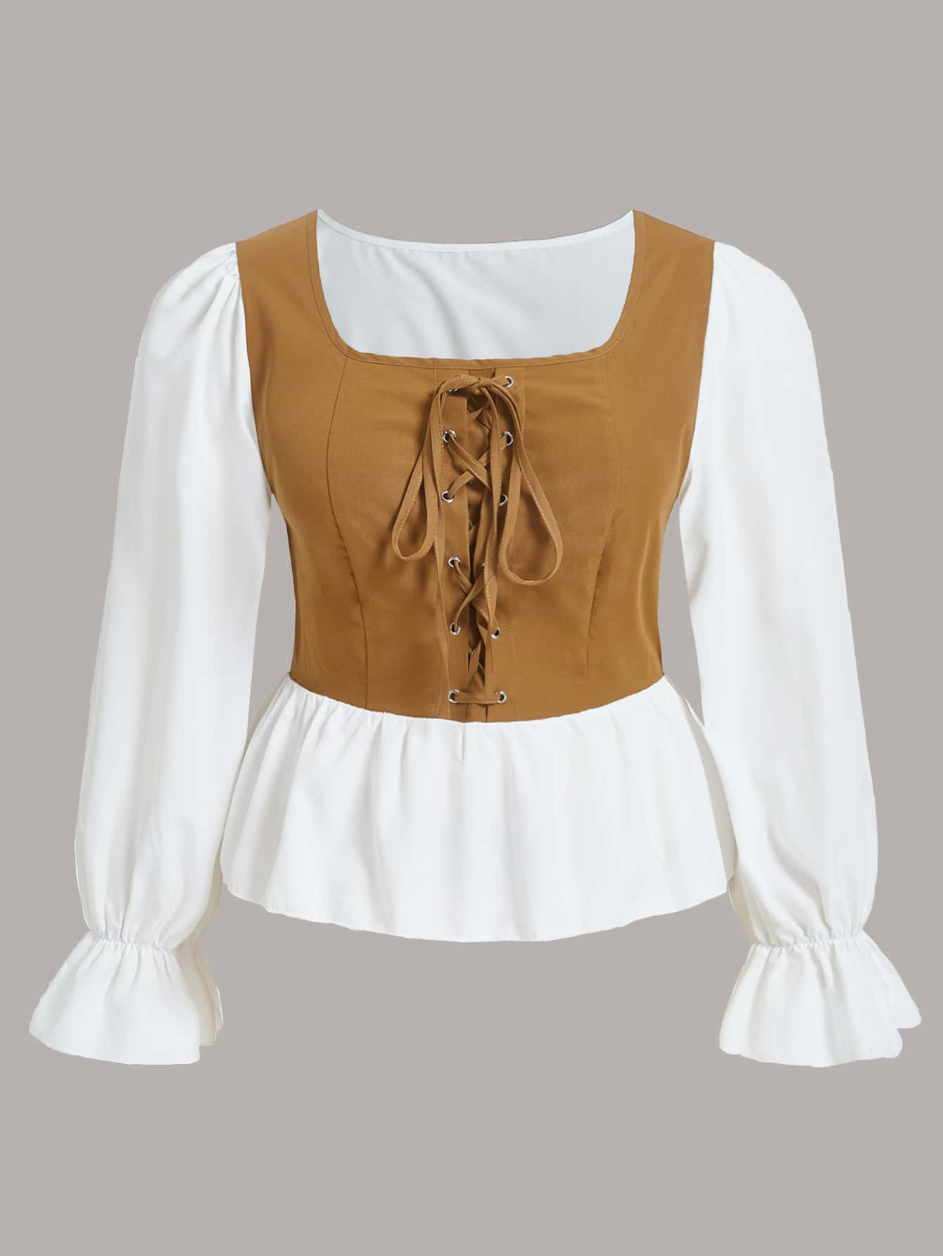 SHEIN Unity Plus Colourblock Lace Up Flounce Sleeve Blouse - Multicolor - View 1