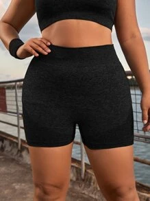 Easithlete 實色高腰運動短褲緊身短褲 (大尺碼) - 黑色 - 查看 2
