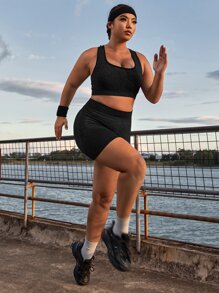 Easithlete 實色高腰運動短褲緊身短褲 (大尺碼) - 黑色 - 查看 4