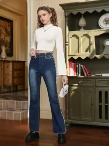 SHEIN MOD Áo thun nữ Nút Gân đan màu trơn Giải trí - Màu be - Xem 3